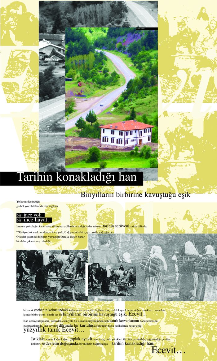 Ecevit Hanı'nı anlatan şiirsel bir arşiv panosu, tarihi bina ve dağ manzarası